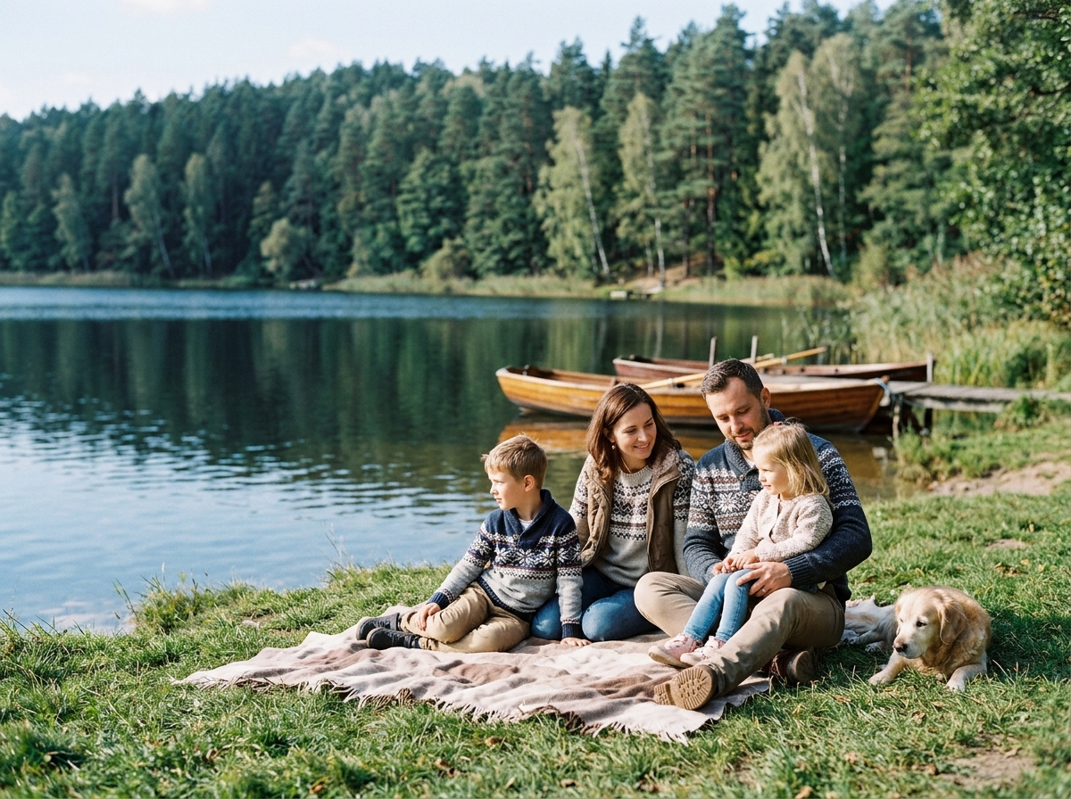 Family relaxing by a quiet lake in Poland