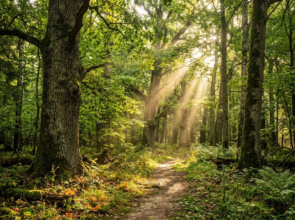 Sunlight shining through ancient Białowieża forest trees